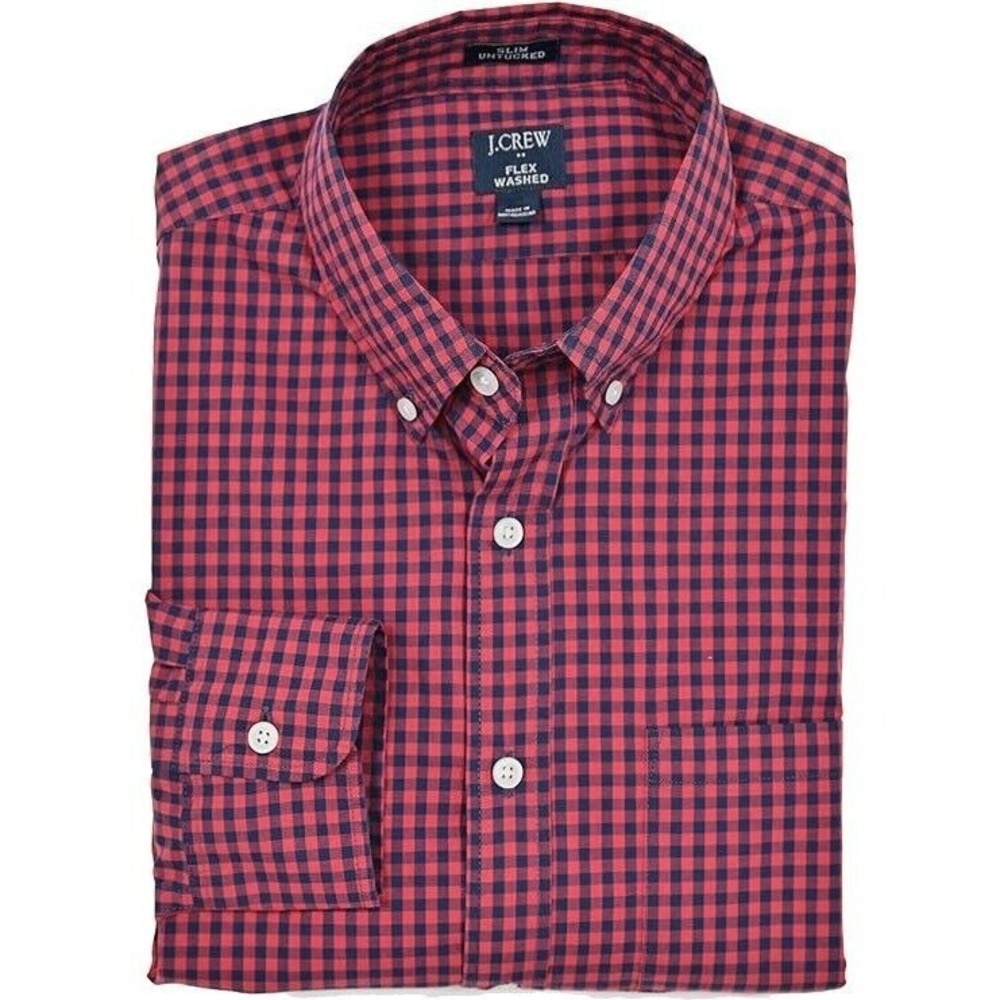 J Crew Shirt Men Large Slim Fit Mercantile Flex Red Blue Plaid Cotton Stretch